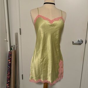 Green Satin Slip Dress with Pink Lace Trim